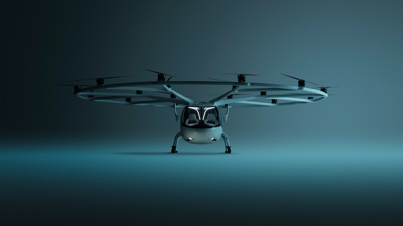 das Bild zeigt eine 3D-Animation des eVTOL Volocopter