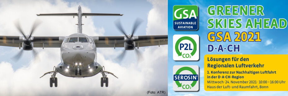 das Event-Banner der Luftfahrt-Konferenz Greener Skies Ahead 2021 D*A*CH zeigt ein landendes Regionalflugzeug und die Marken der IASA e.V.